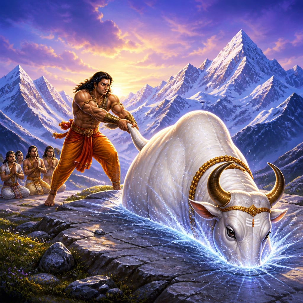 Bhima grasps the divine bull as it dives into the rock