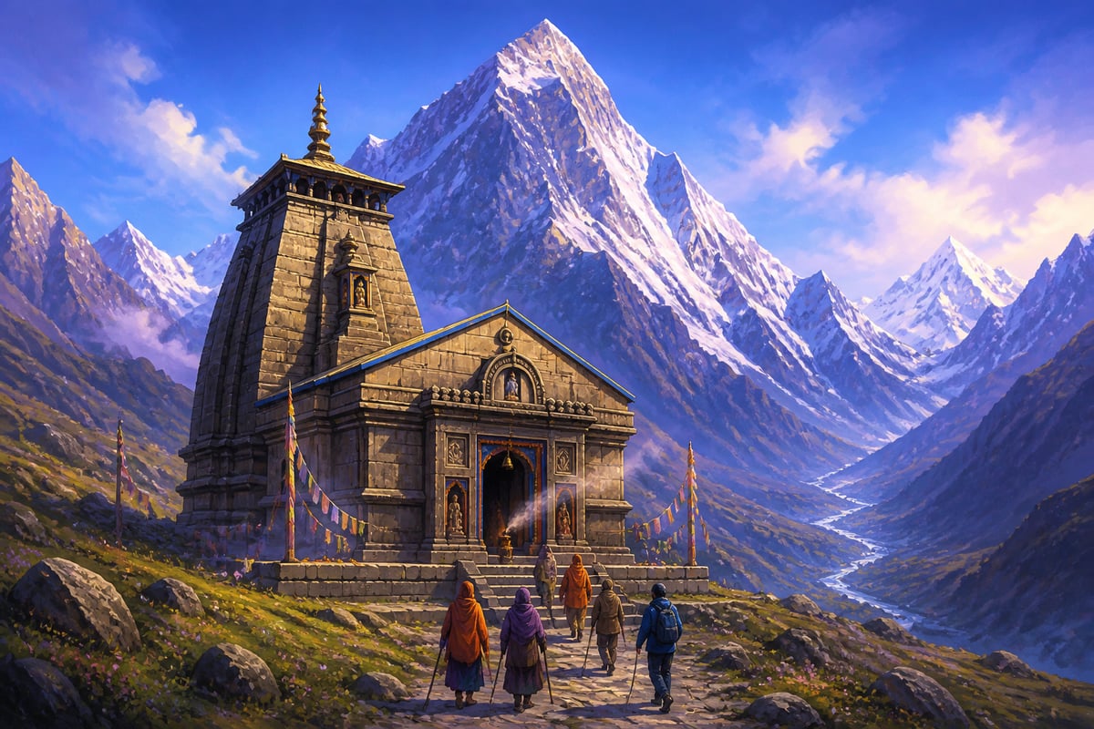 The ancient Kedarnath temple beneath snow-capped peaks