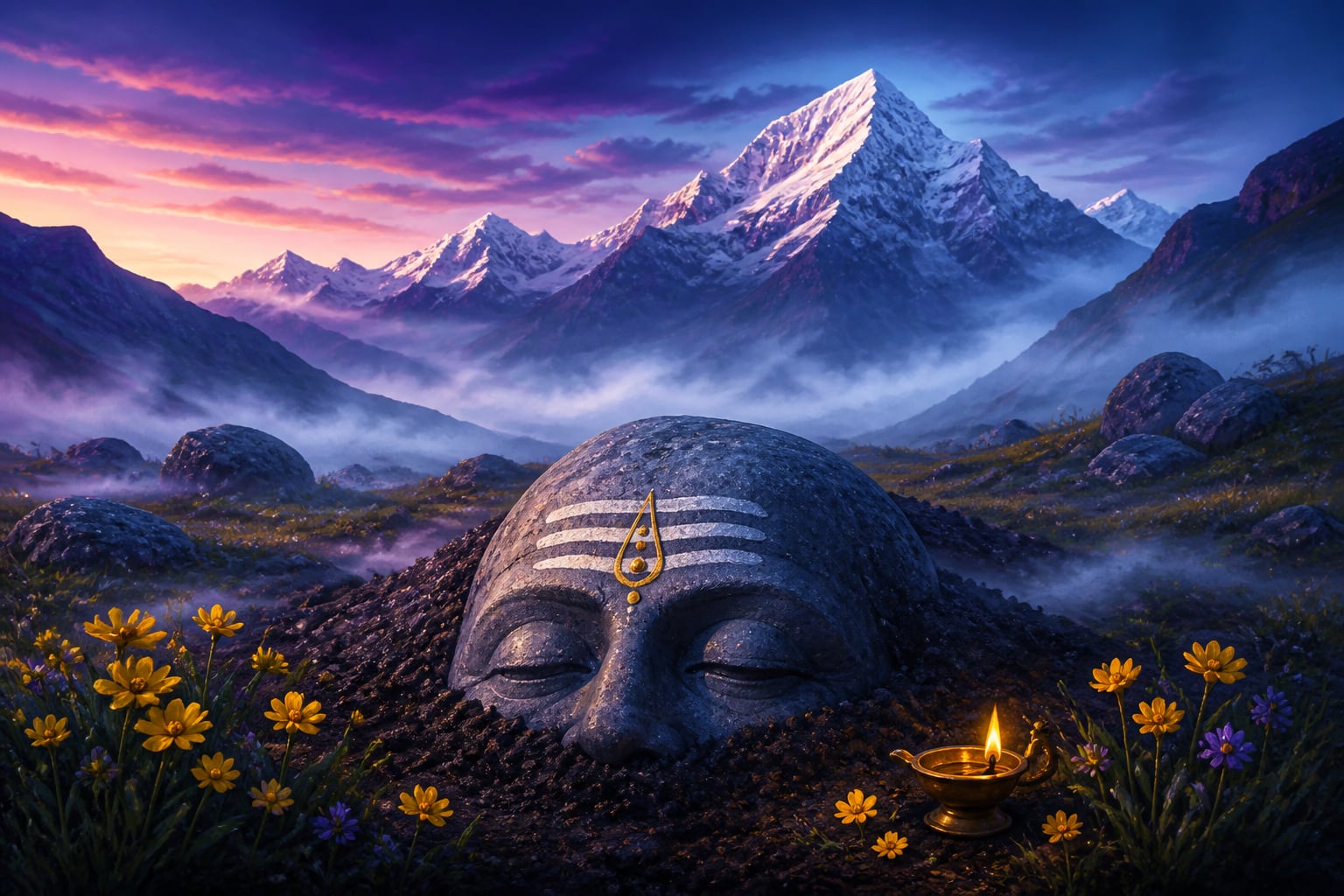 Rudranath's hidden face-shaped stone partially submerged in a remote meadow