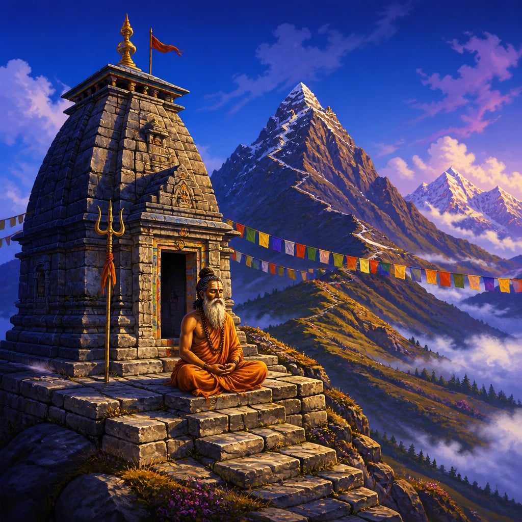 Tungnath temple beneath the Chandrashila summit panorama