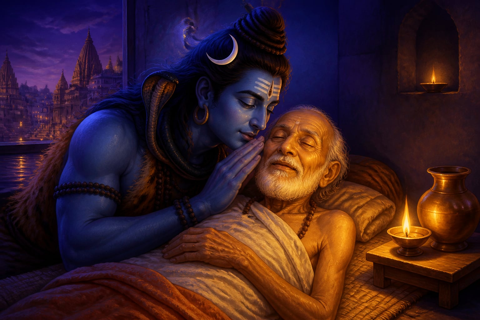 Shiva whispering the taraka mantra into a dying devotee's ear