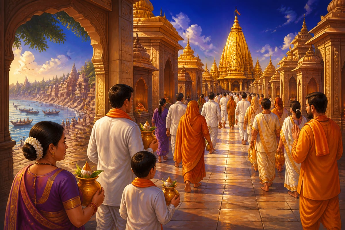 Pilgrims flowing along the Kashi Vishwanath Corridor toward the temple