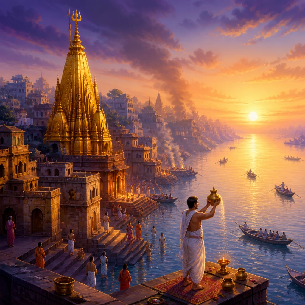 Kashi Vishwanath rising above the Ganga ghats at dawn