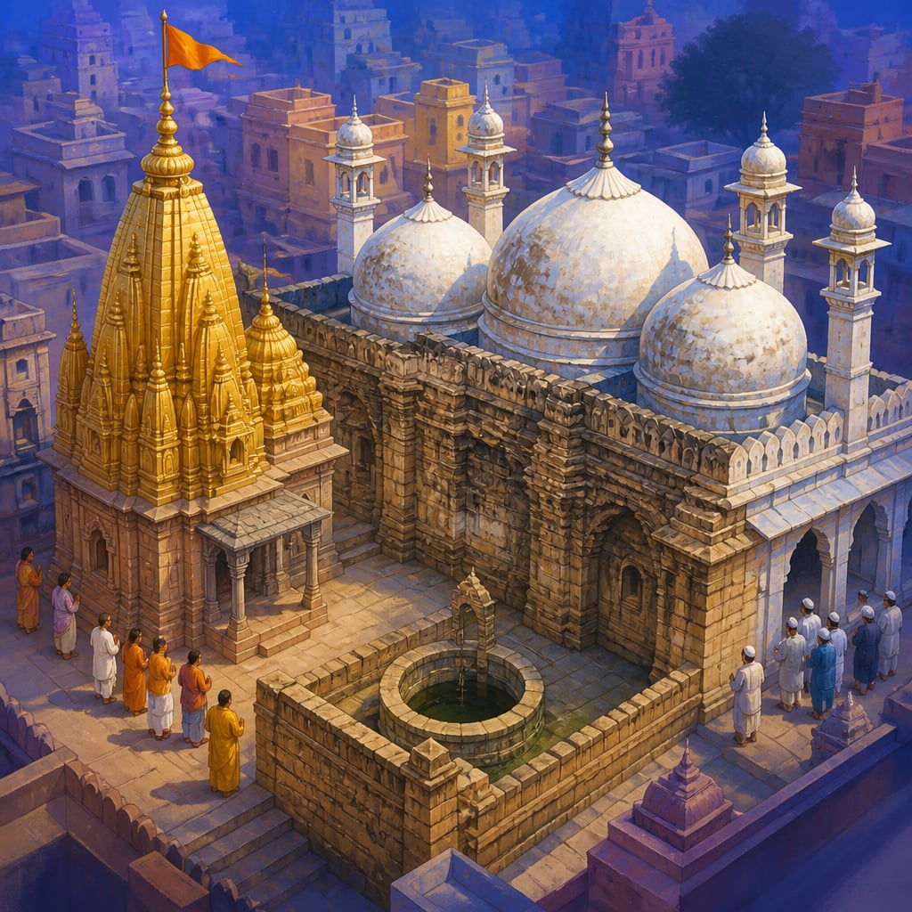 Aerial view of the Gyanvapi complex with temple and mosque sharing a wall