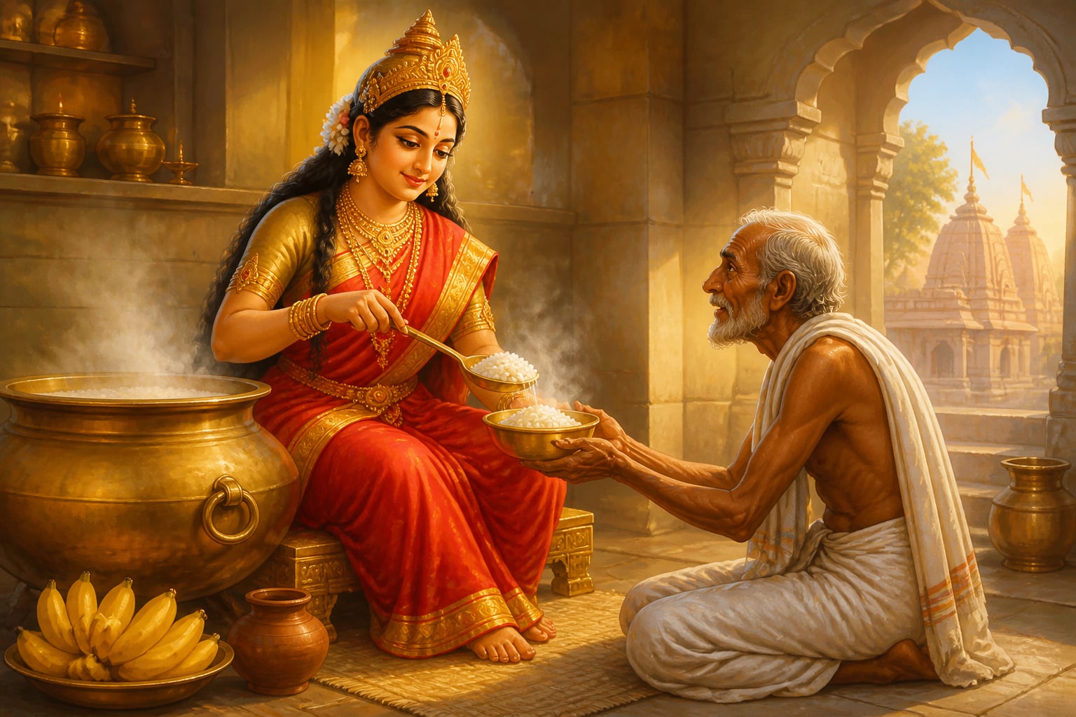 Annapurna Devi serving food from a brass ladle to a kneeling devotee