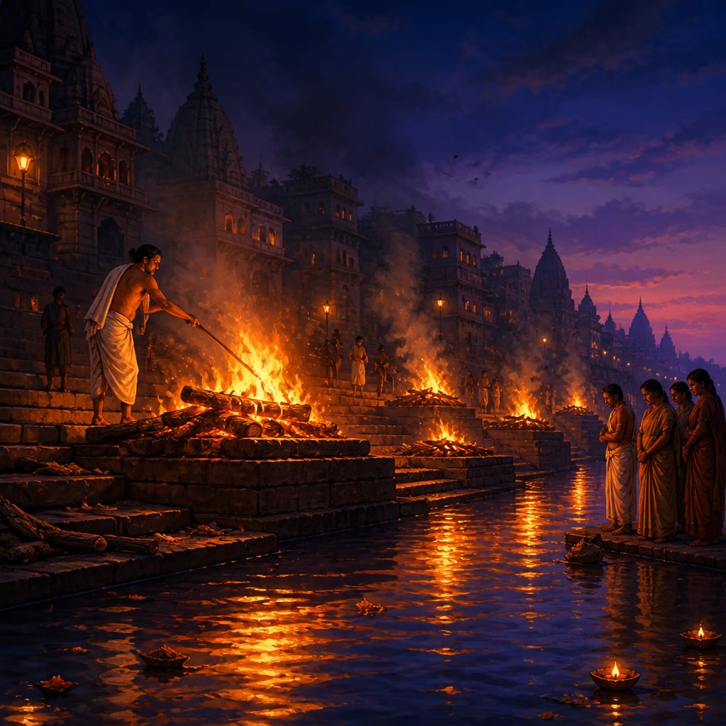 Manikarnika ghat cremation pyres burning beside the Ganga