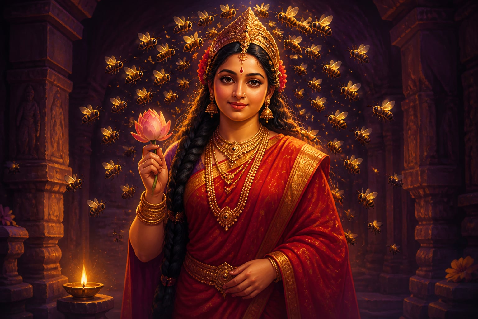 Bhramaramba Devi crowned with a swarm of golden bees