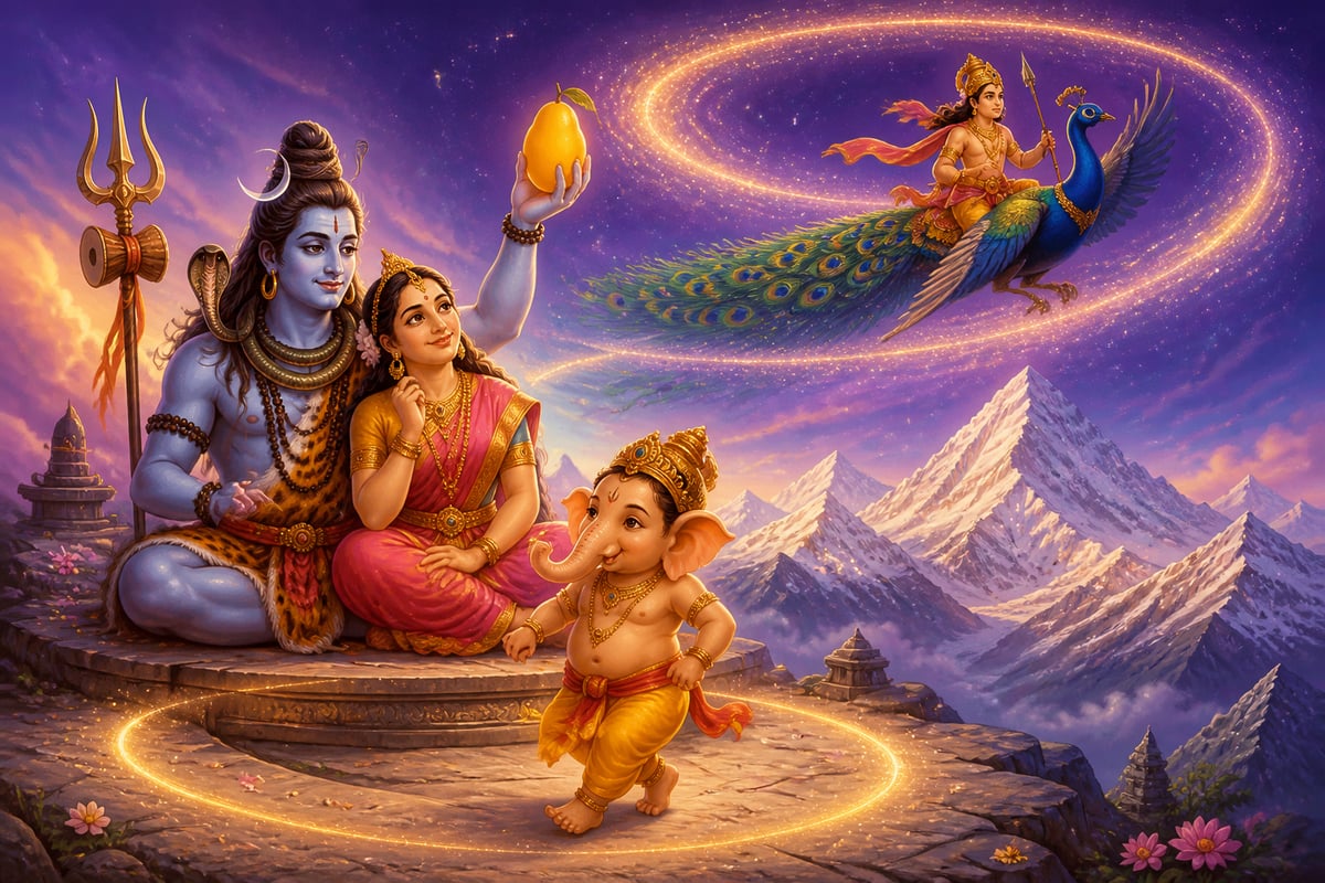 Ganesha circling his parents while Kartikeya speeds away on his peacock