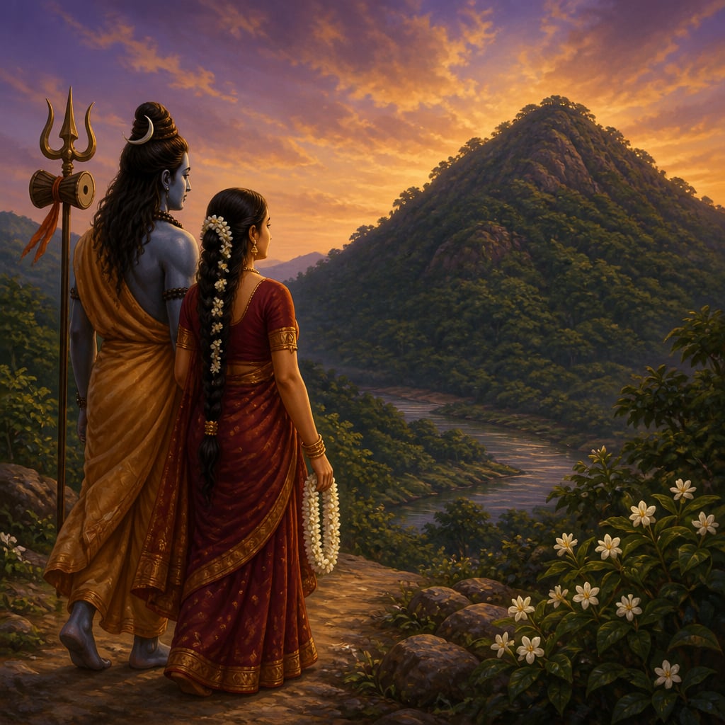 Shiva and Parvati arriving at Srisailam