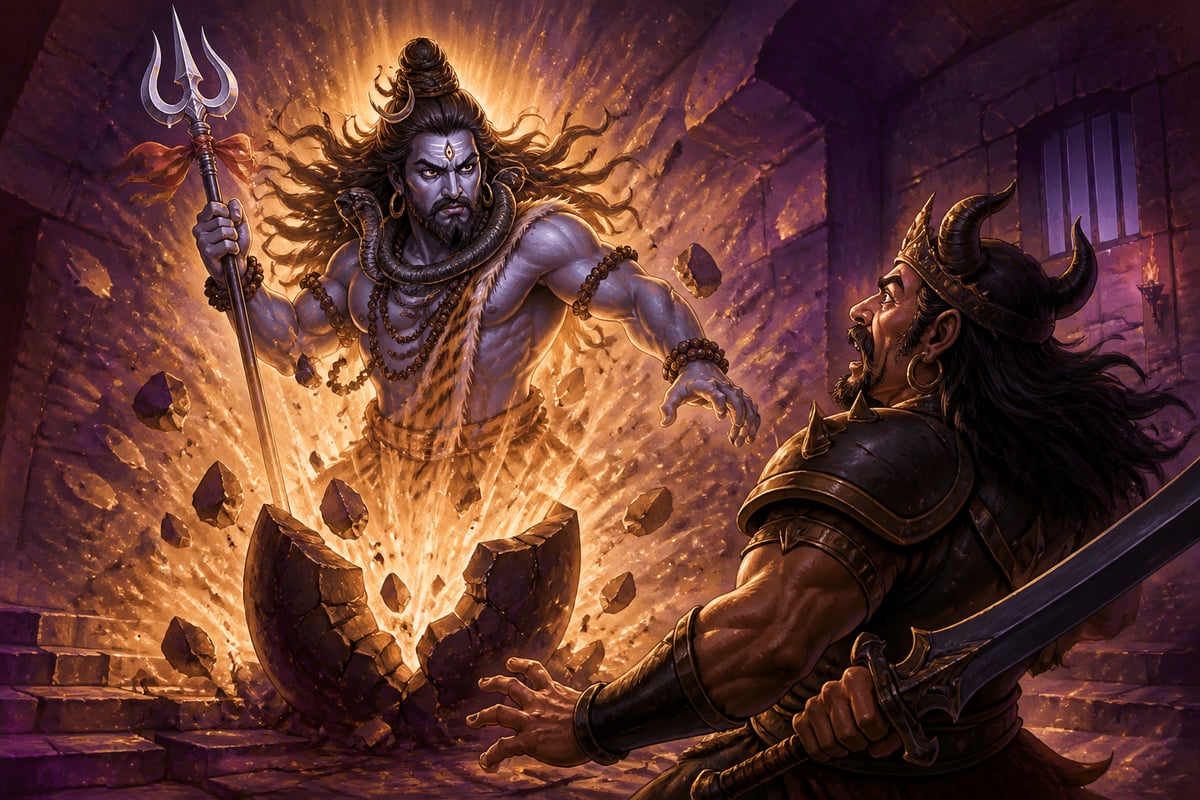 Shiva bursting from the cracked earthen linga as Rudra