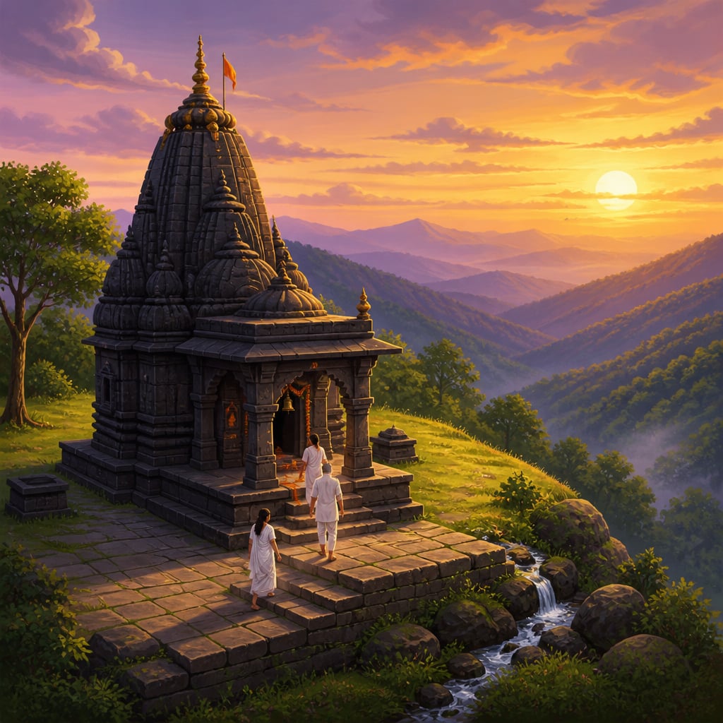 Bhimashankar temple on Sahyadri ridge at sunset