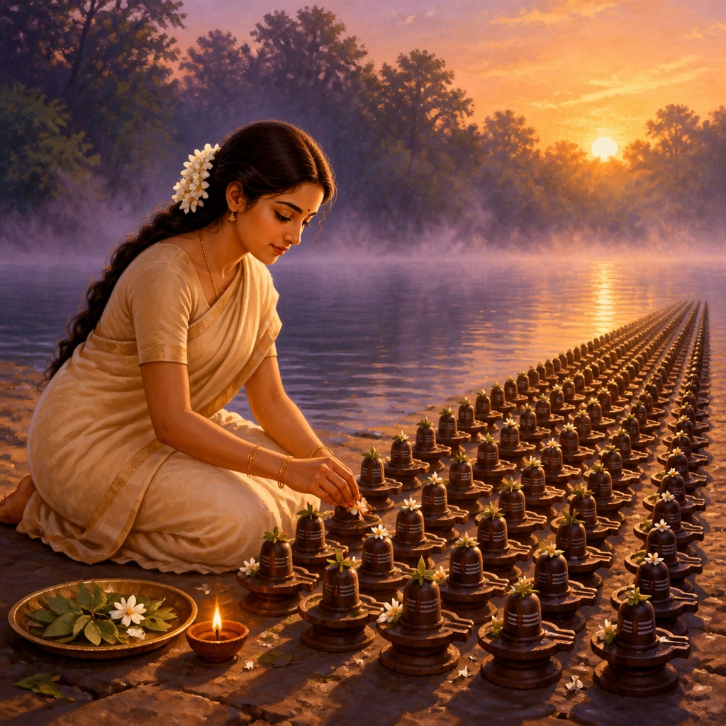 Ghushma offering clay lingas at the lake