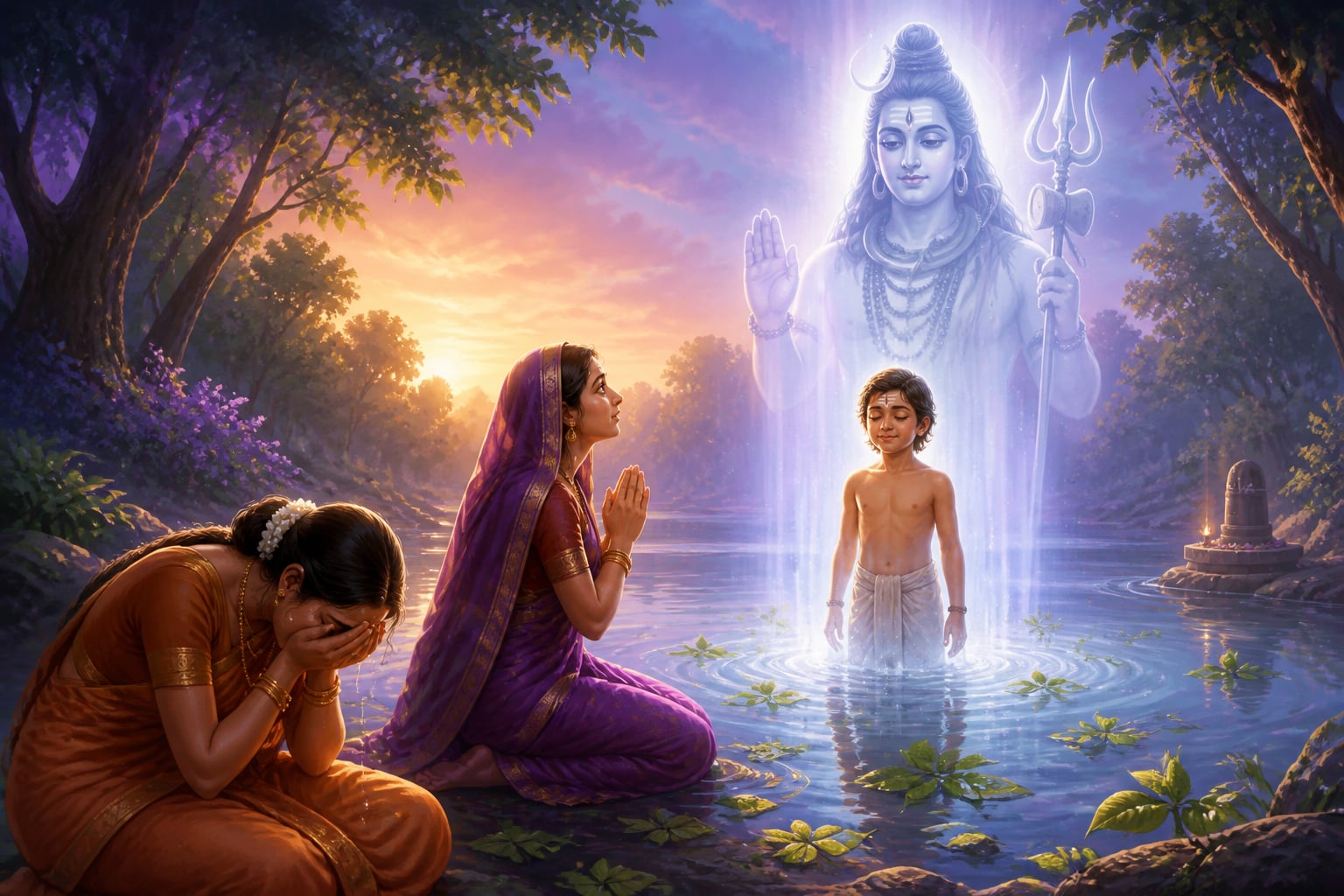 Shiva manifesting as Ghushma's son rises from the lake