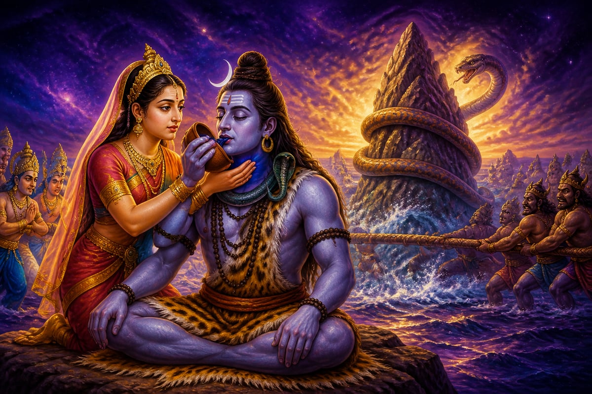 Shiva as Nilakantha drinking the halahala poison