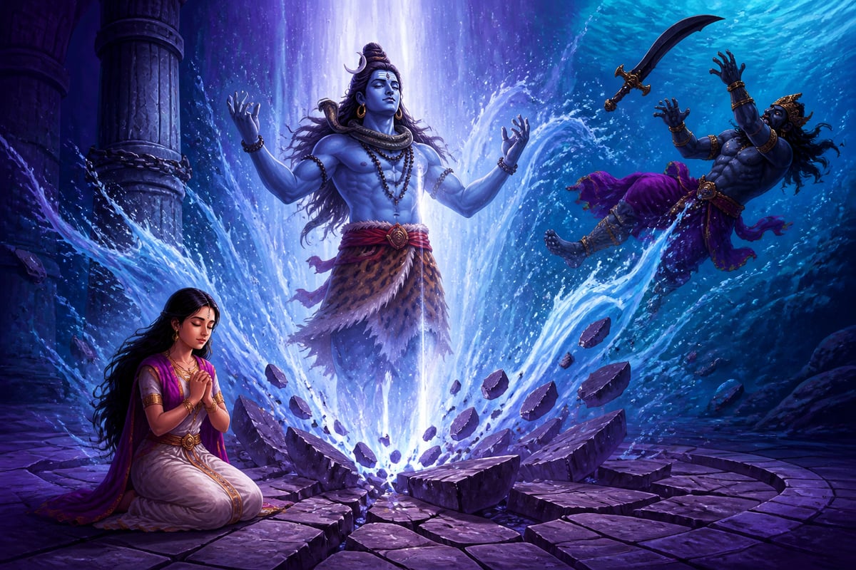 Shiva emerging in the underwater prison to destroy Daruka