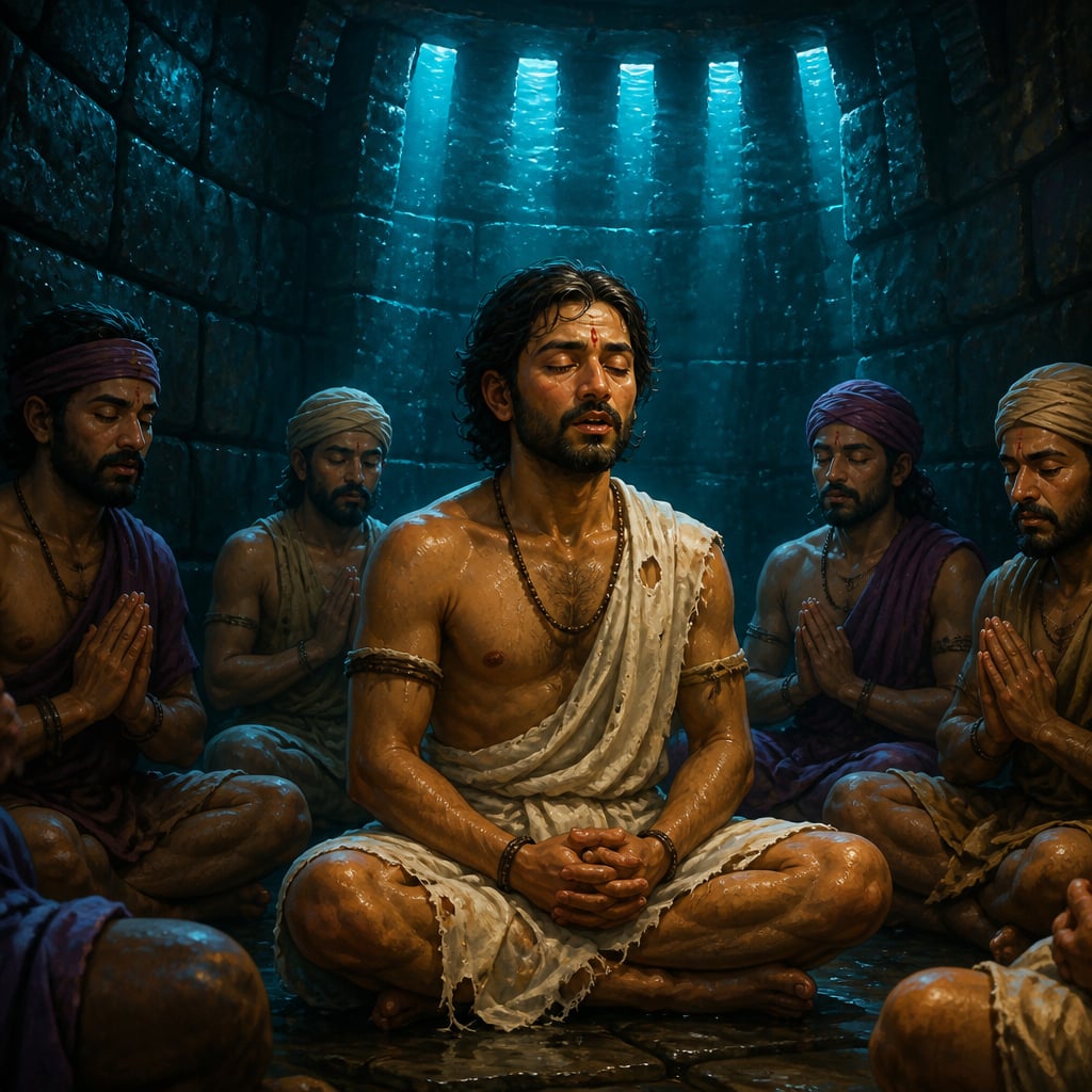 Supriya chanting in the underwater prison