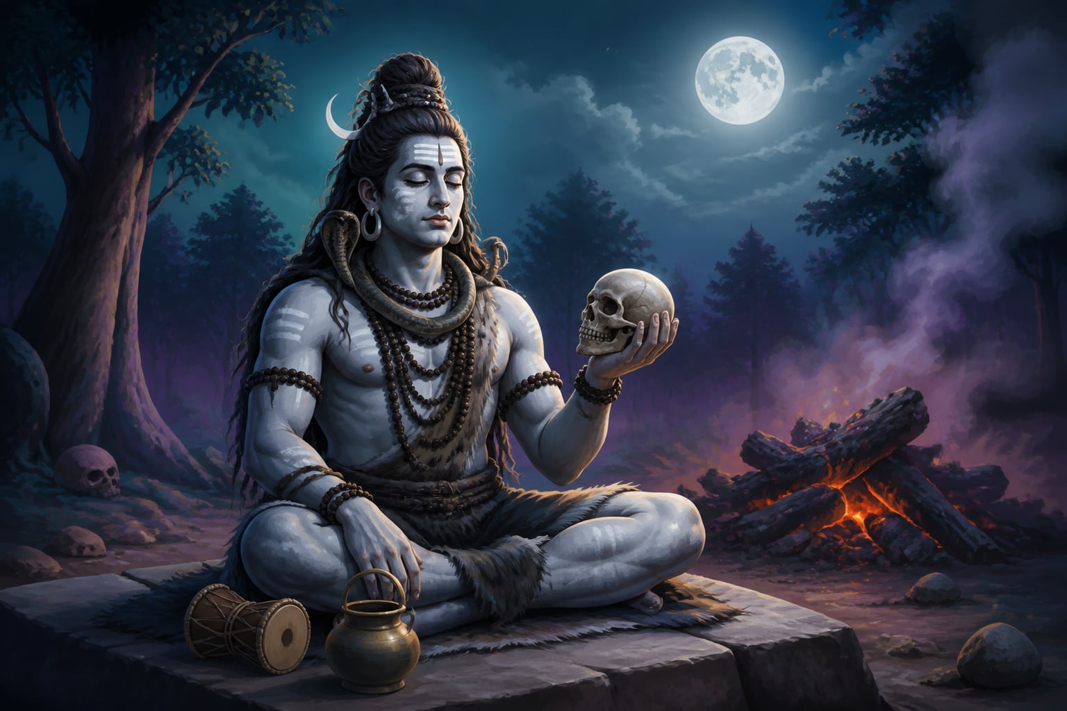 Ash-smeared Shiva in a cremation ground teaching dissolution