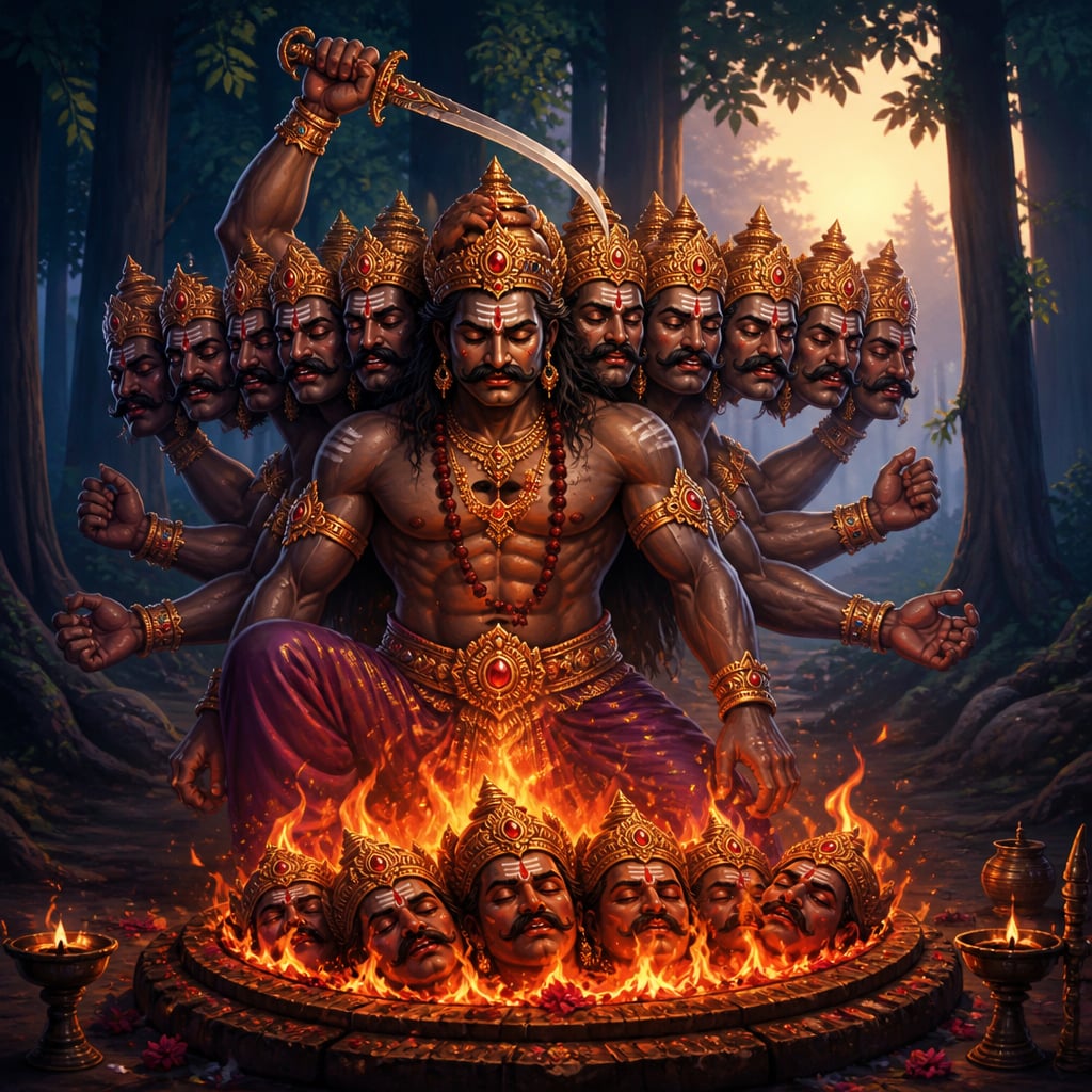 Ravana raising his sword over the tenth head before a tapas fire in the Jharkhand forest