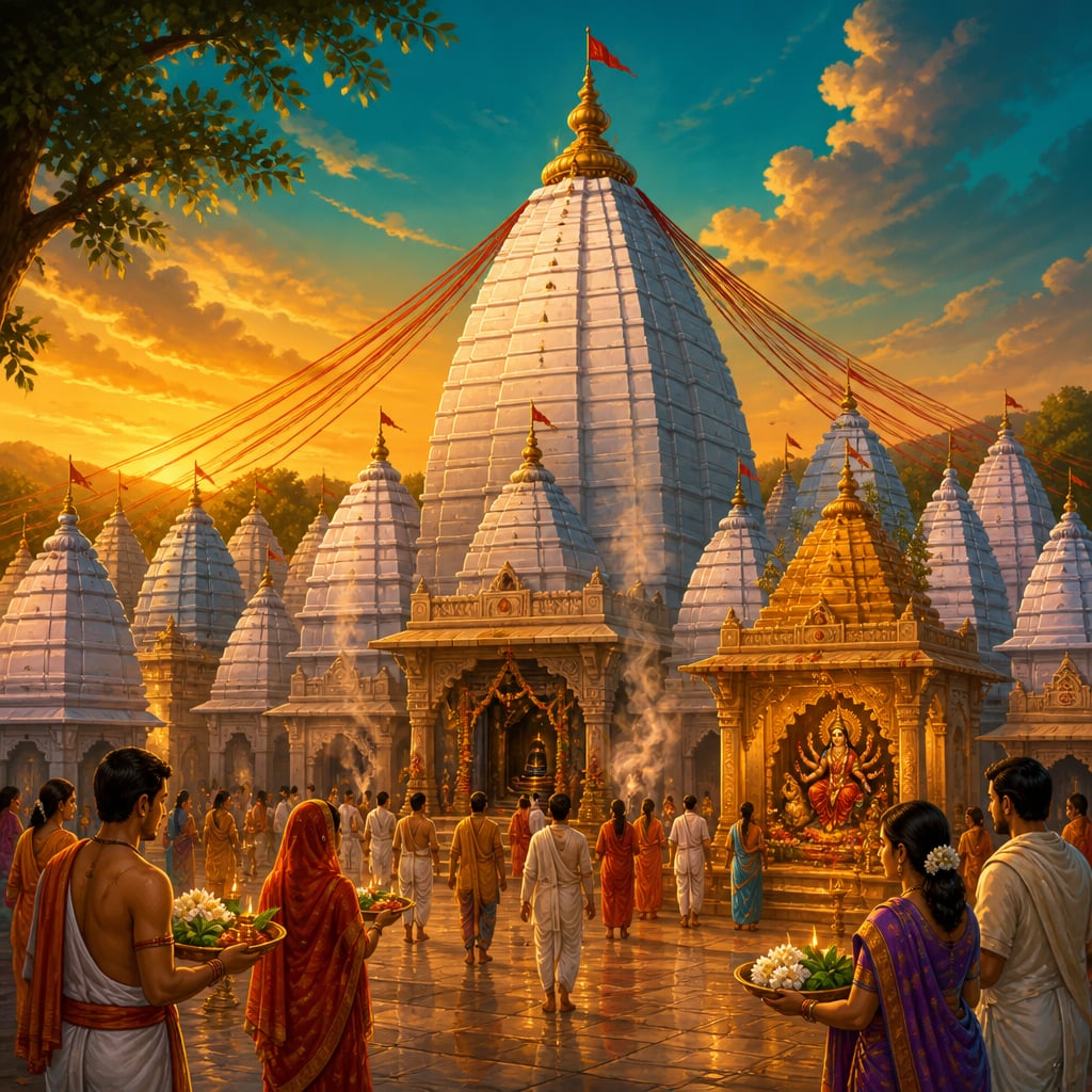 Baidyanath Dham temple complex at Deoghar with white sikhara and surrounding shrines at golden hour