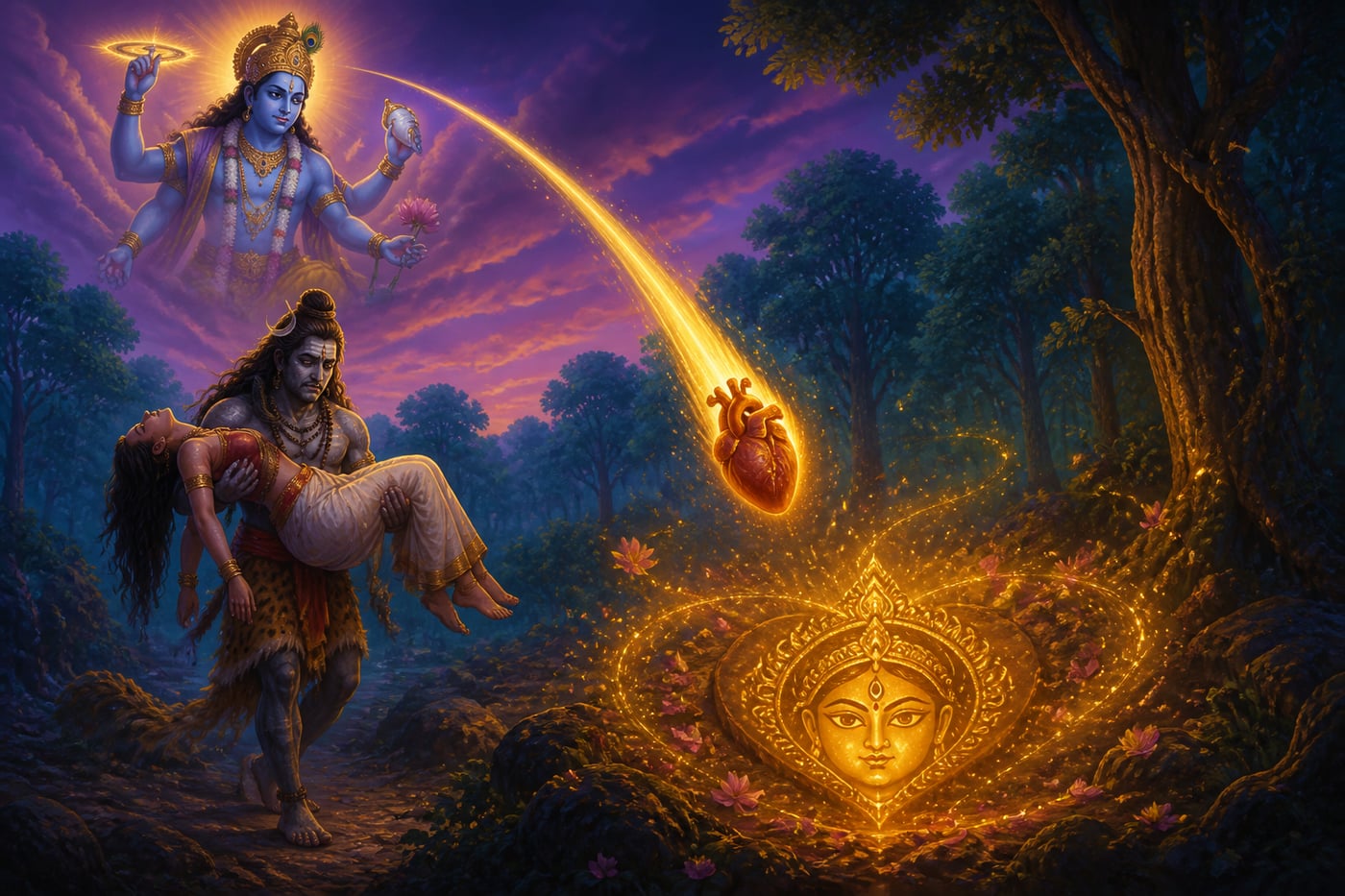 Sati's heart falling at Chidabhoomi from Vishnu's Sudarshana Chakra