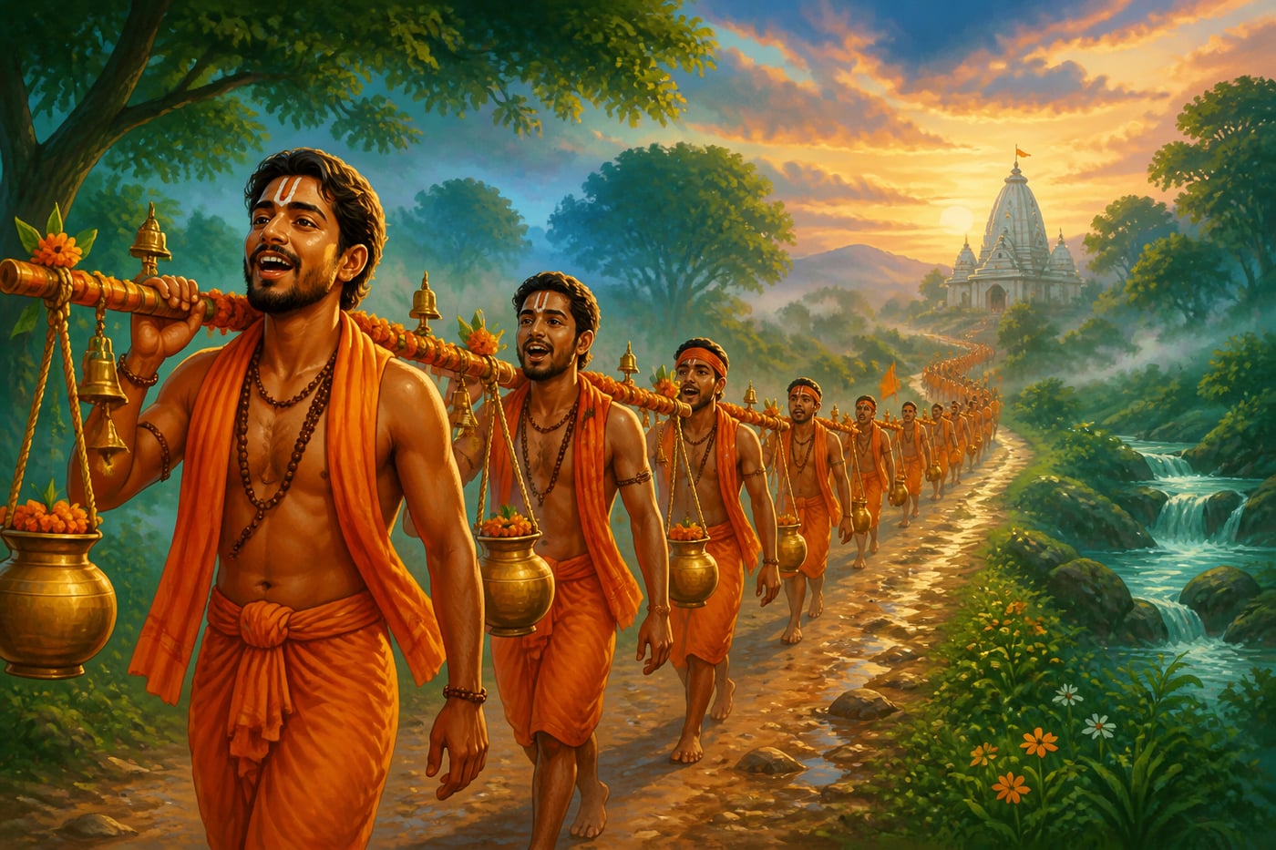 Kanwariya pilgrims walking with Ganga water during the Shravan Mela
