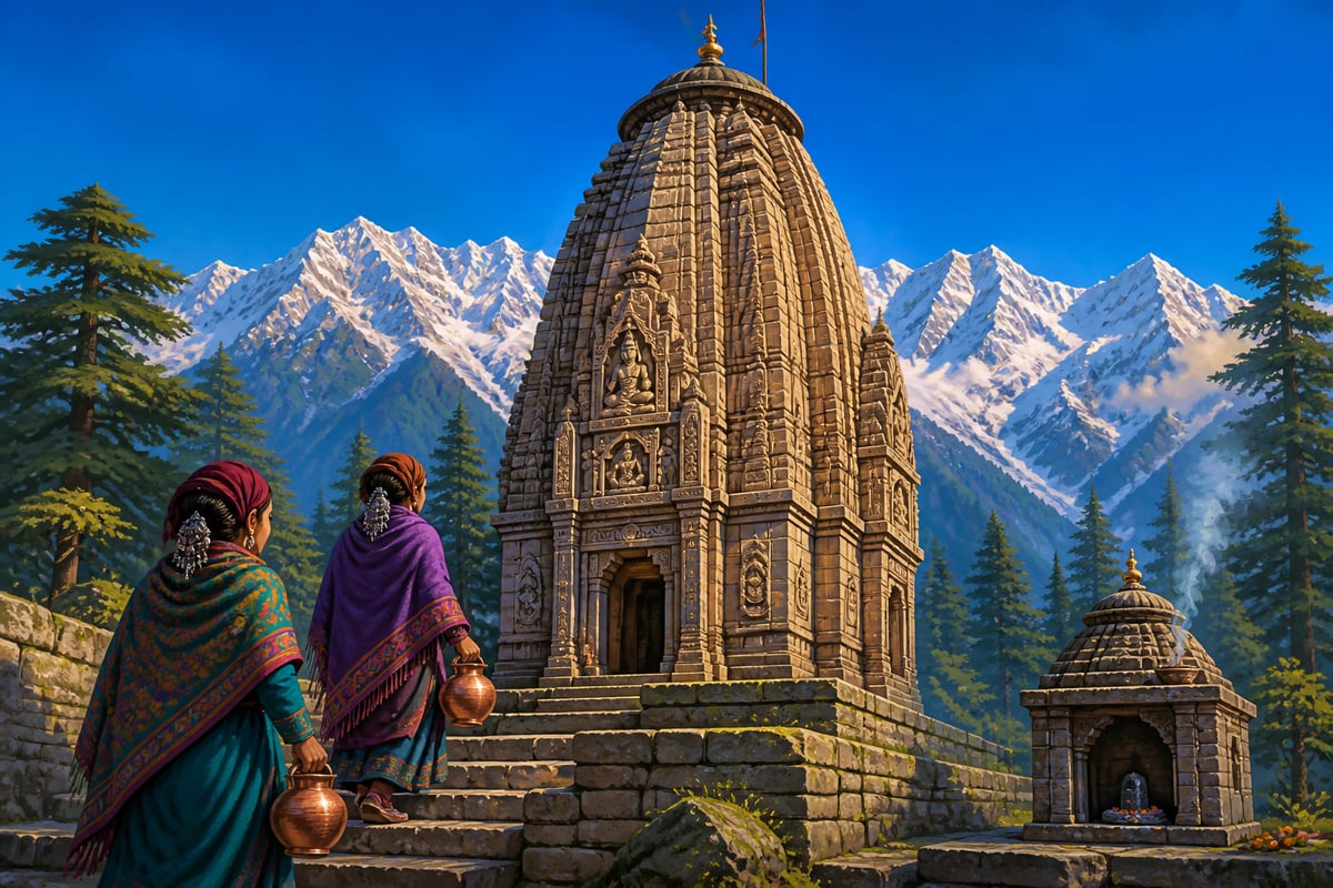 Baijnath Temple in the Kangra Valley under Himalayan peaks