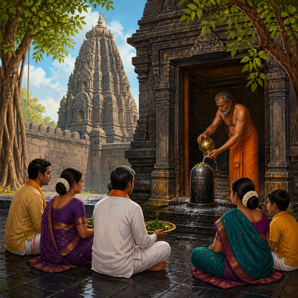 Parli Vaijnath Temple in Maharashtra with a priest performing abhishekam on the swayambhu Shiva linga