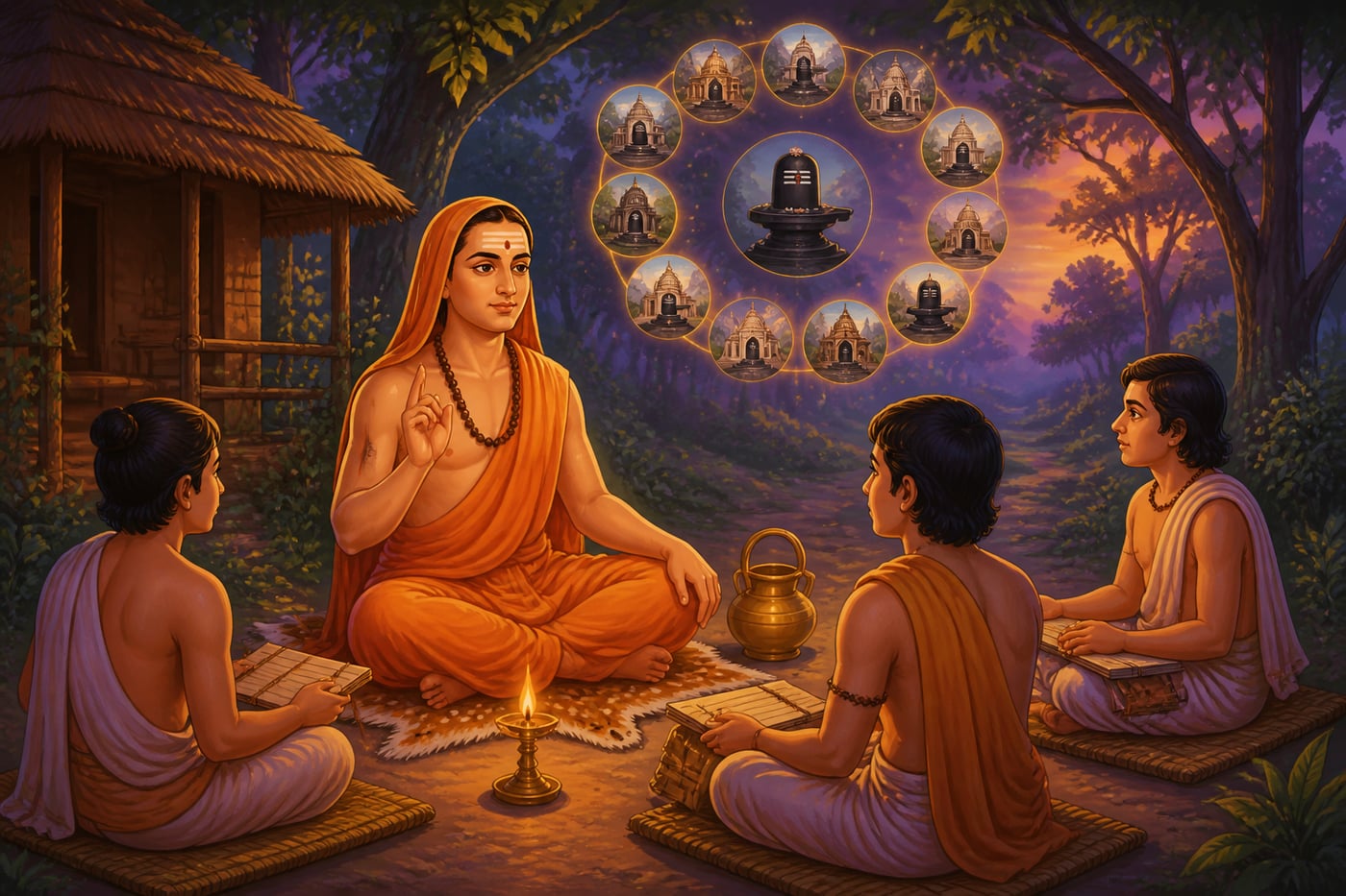 Adi Shankaracharya composing the Dwadasha Jyotirlinga Stotra