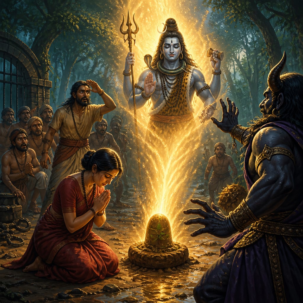 Supriya kneeling before an earthen Shiva linga in Darukavana as Shiva emerges in golden light