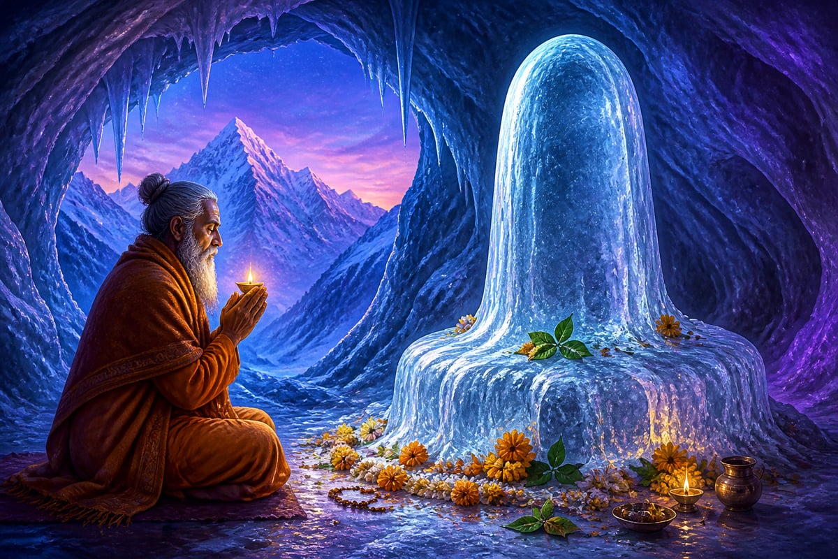 Amarnath ice-linga inside the Kashmir mountain cave at 3,888 metres