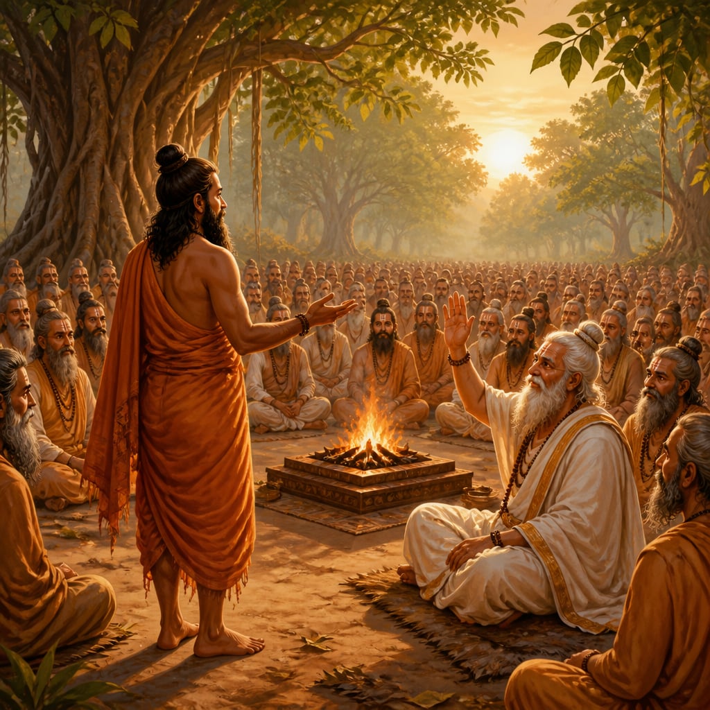 Ugrasrava Sauti stands before the sages assembled in the forest clearing of Naimisharanya.