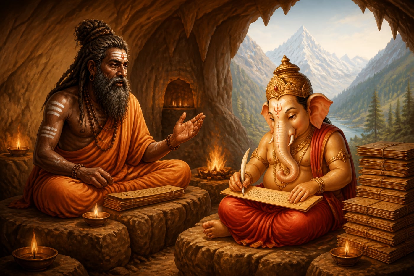 Vyasa dictating the Mahabharata to Ganesha