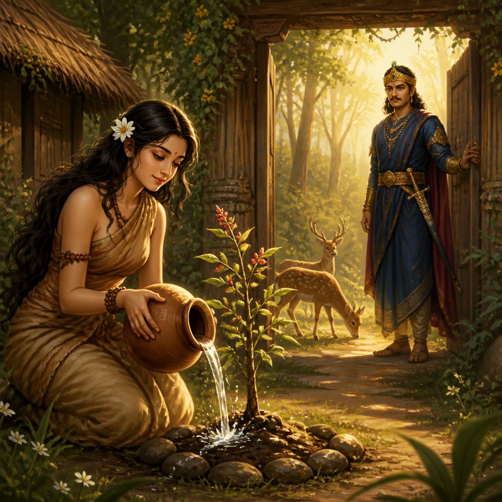 Shakuntala waters an ashoka sapling as King Dushyanta watches from the gateway of Sage Kanva's ashram.