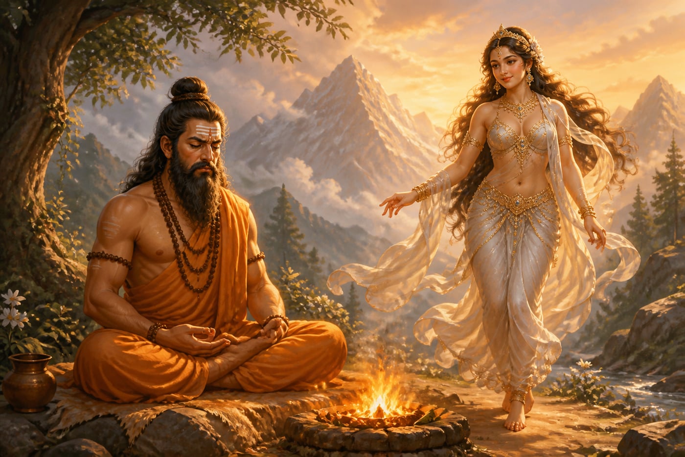 Vishwamitra disturbed by Menaka in the mountains