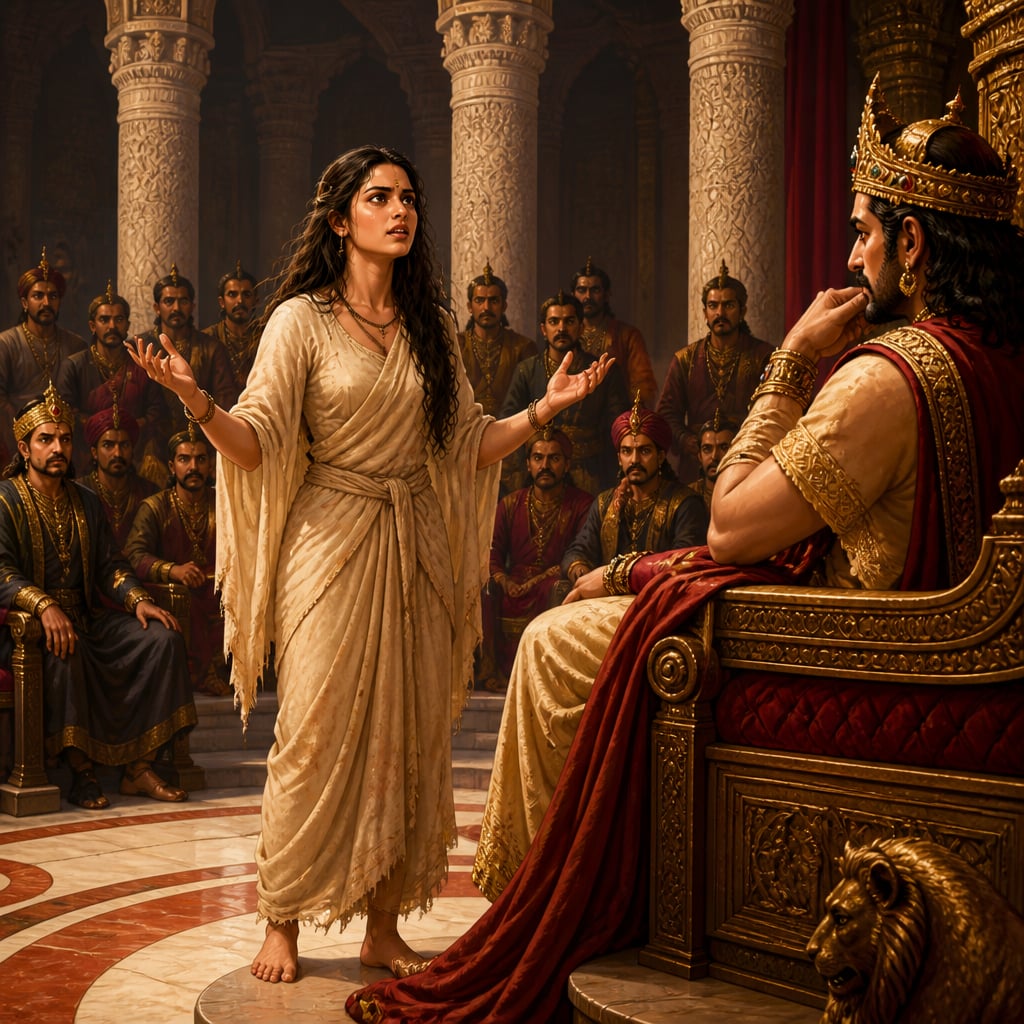 Shakuntala stands alone in King Dushyanta's Hastinapura court delivering her defiant speech of truth.