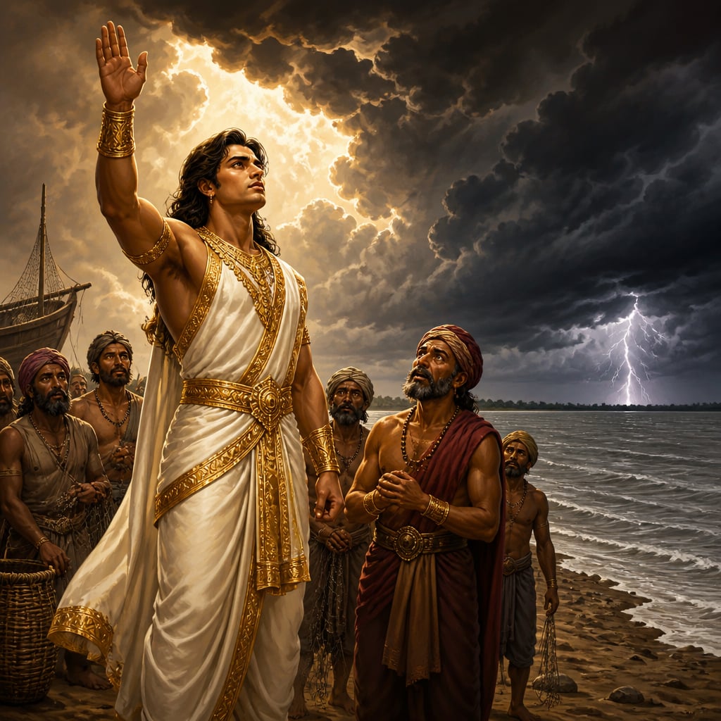 Young Devavrata raises his palm on the bank of the Yamuna to swear his terrible vow of celibacy and renunciation.