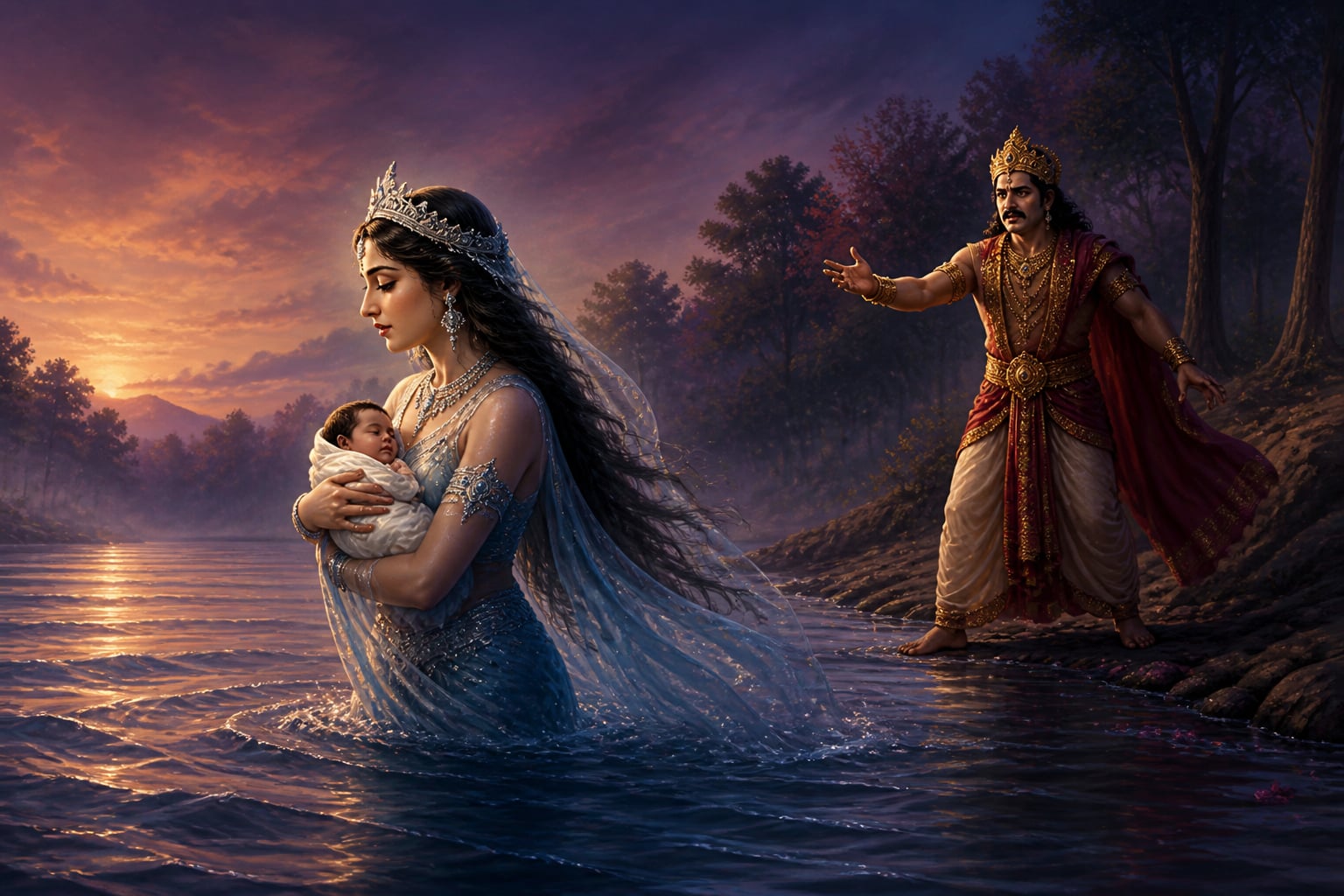 Ganga taking her infant son into the river