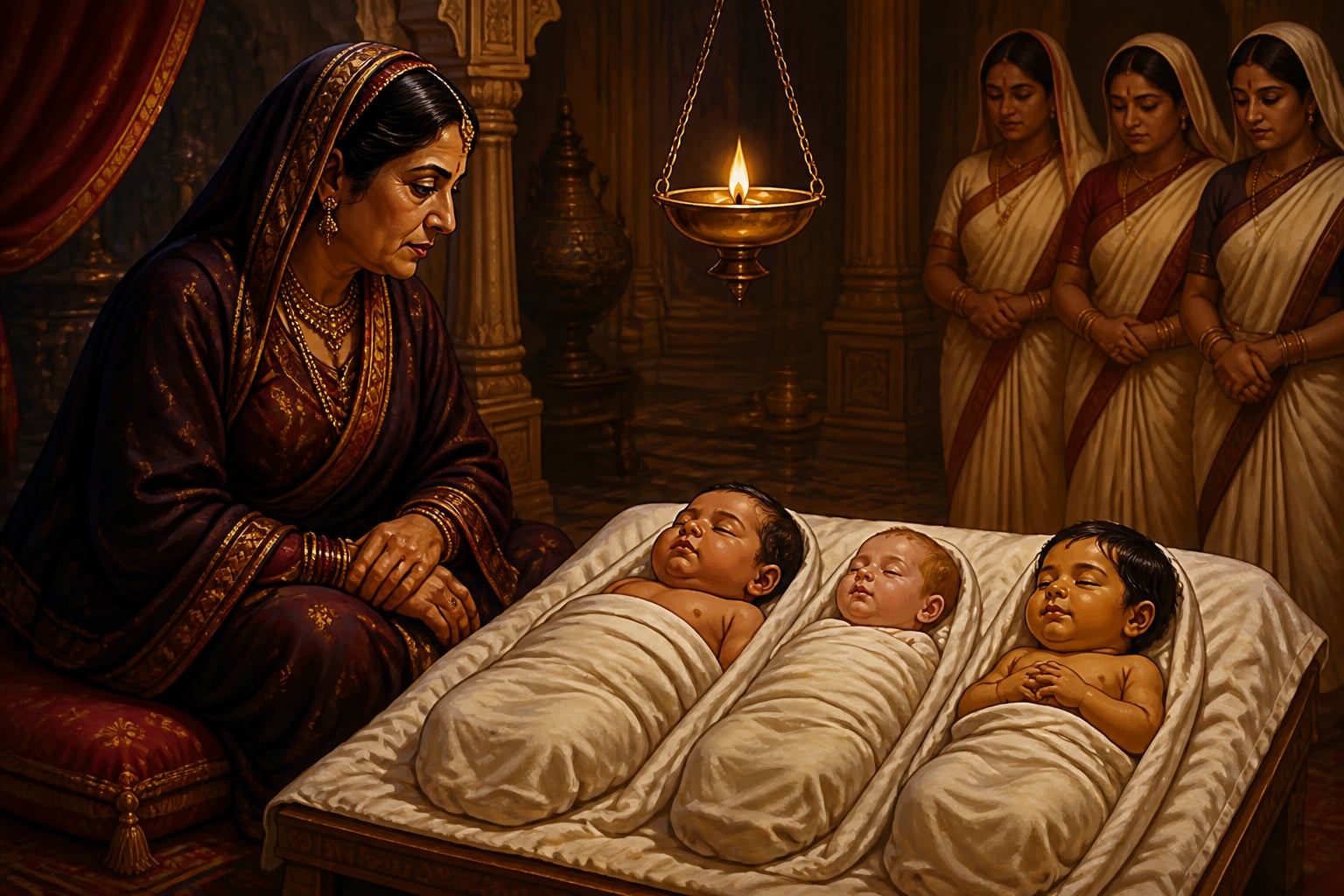 Satyavati gazing on the three royal sons