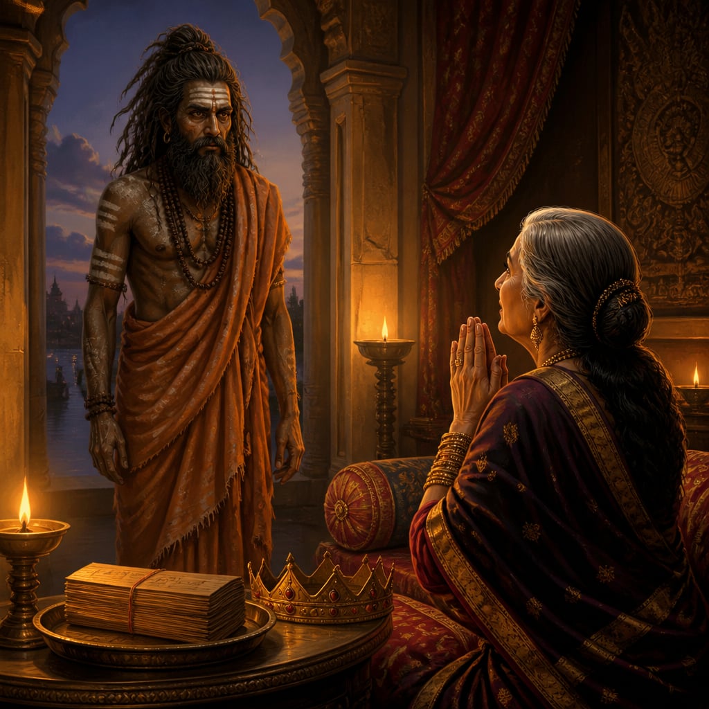 Maharishi Vyasa appears suddenly in Queen Satyavati's twilight palace chamber as she rises in trembling reverence.
