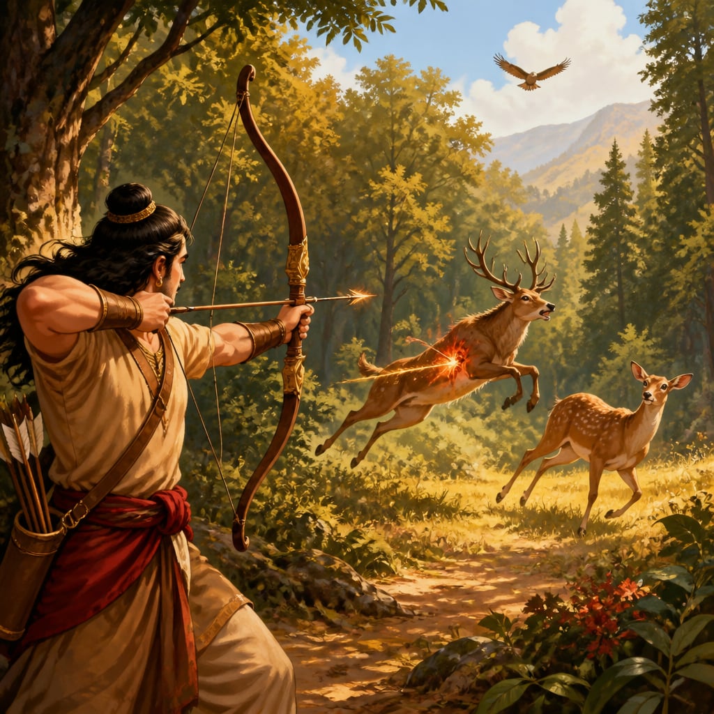 King Pandu releases an arrow at two coupling deer on a sunlit forest path in the deep wilderness.