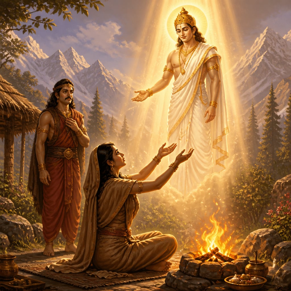 Queen Kunti at Shatashrunga raises her hands skyward to invoke Dharma, who descends as a luminous figure in a beam of divine light.