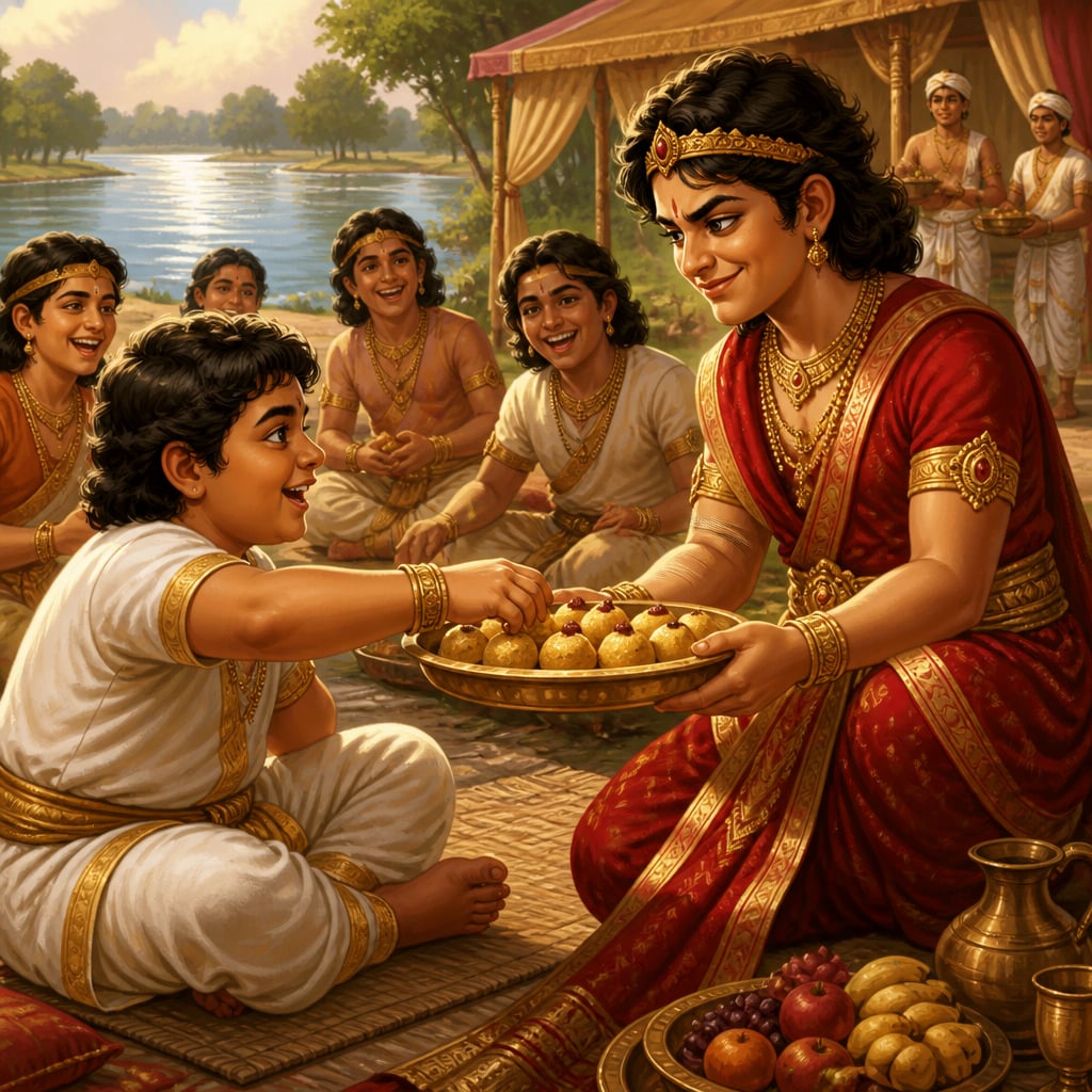 Young Duryodhana serves a tray of laced sweets to his trusting cousin Bhima at a riverside picnic on the Ganga.