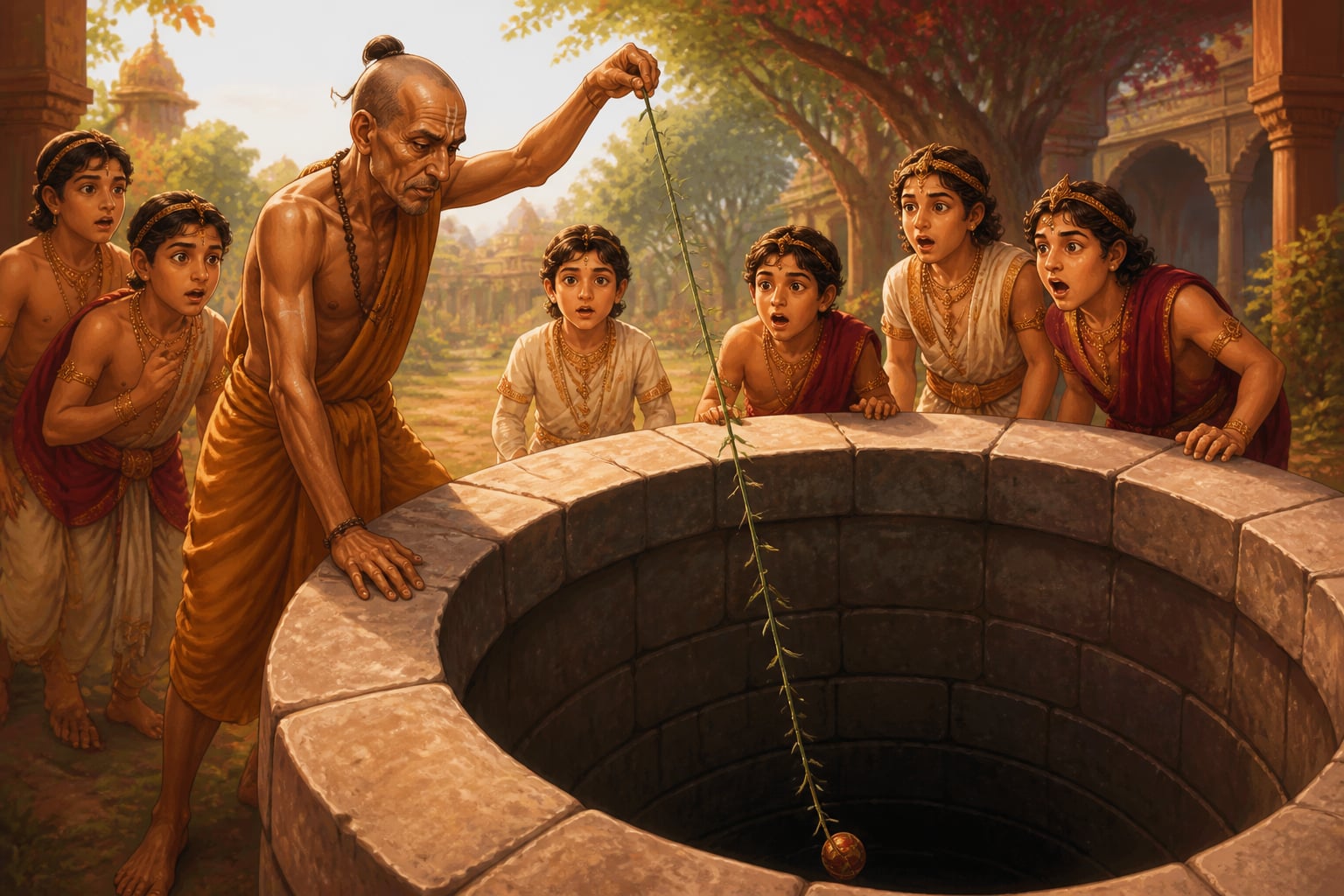 Drona retrieving the ball from the well