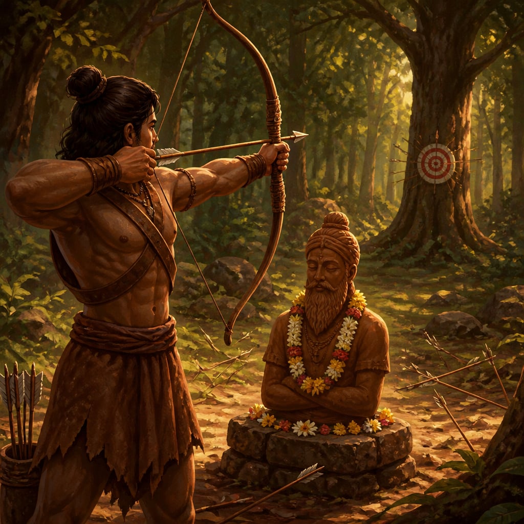 Ekalavya stands before a small clay statue of Drona in a forest clearing, drawing his bow at a distant target.