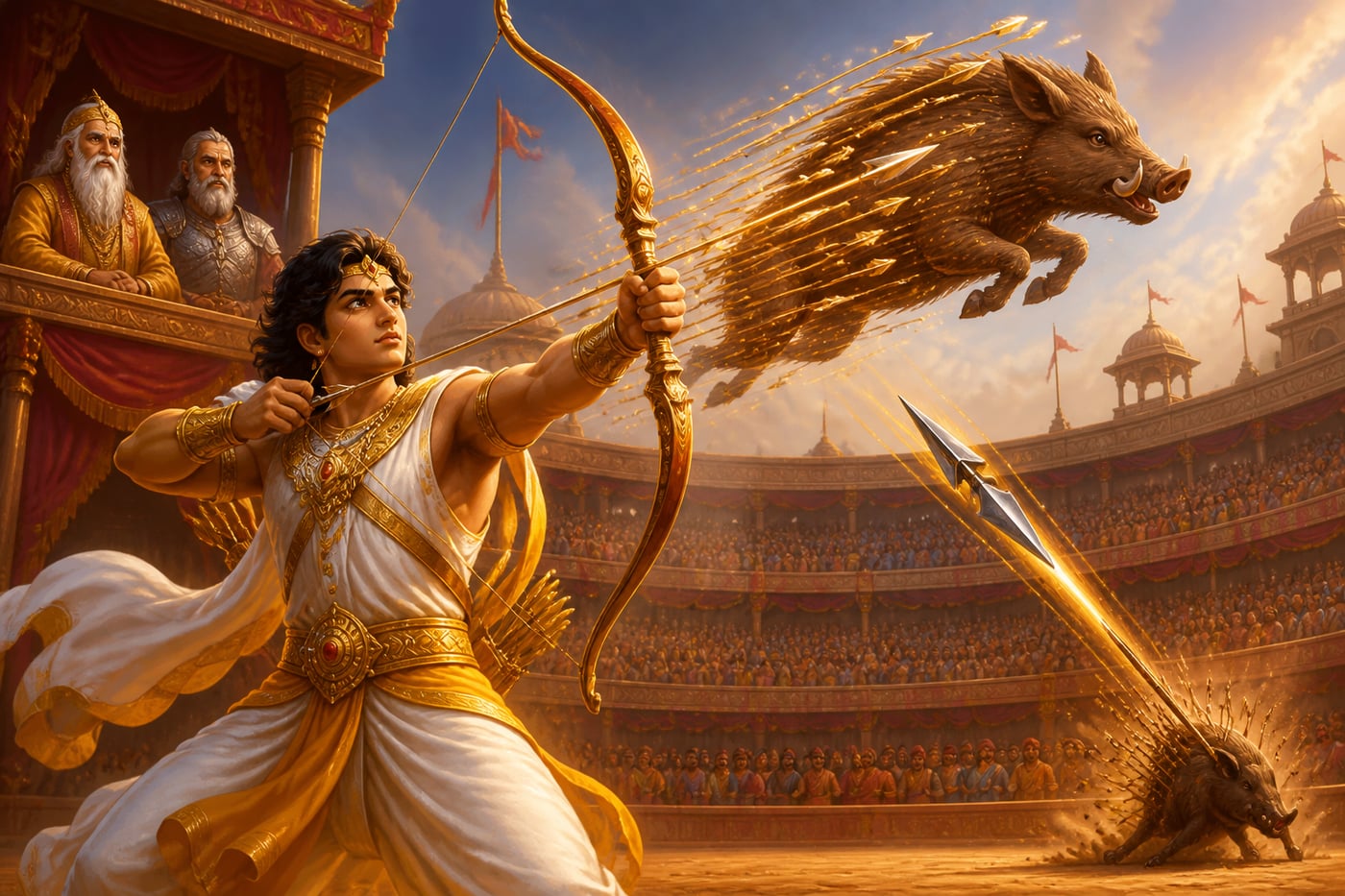 Arjuna's divine archery display in the arena