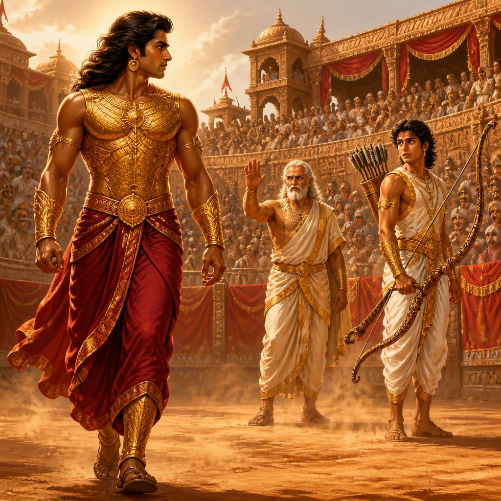 Karna in golden kavacha strides alone into the great Hastinapura arena to face Arjuna across the open ring.