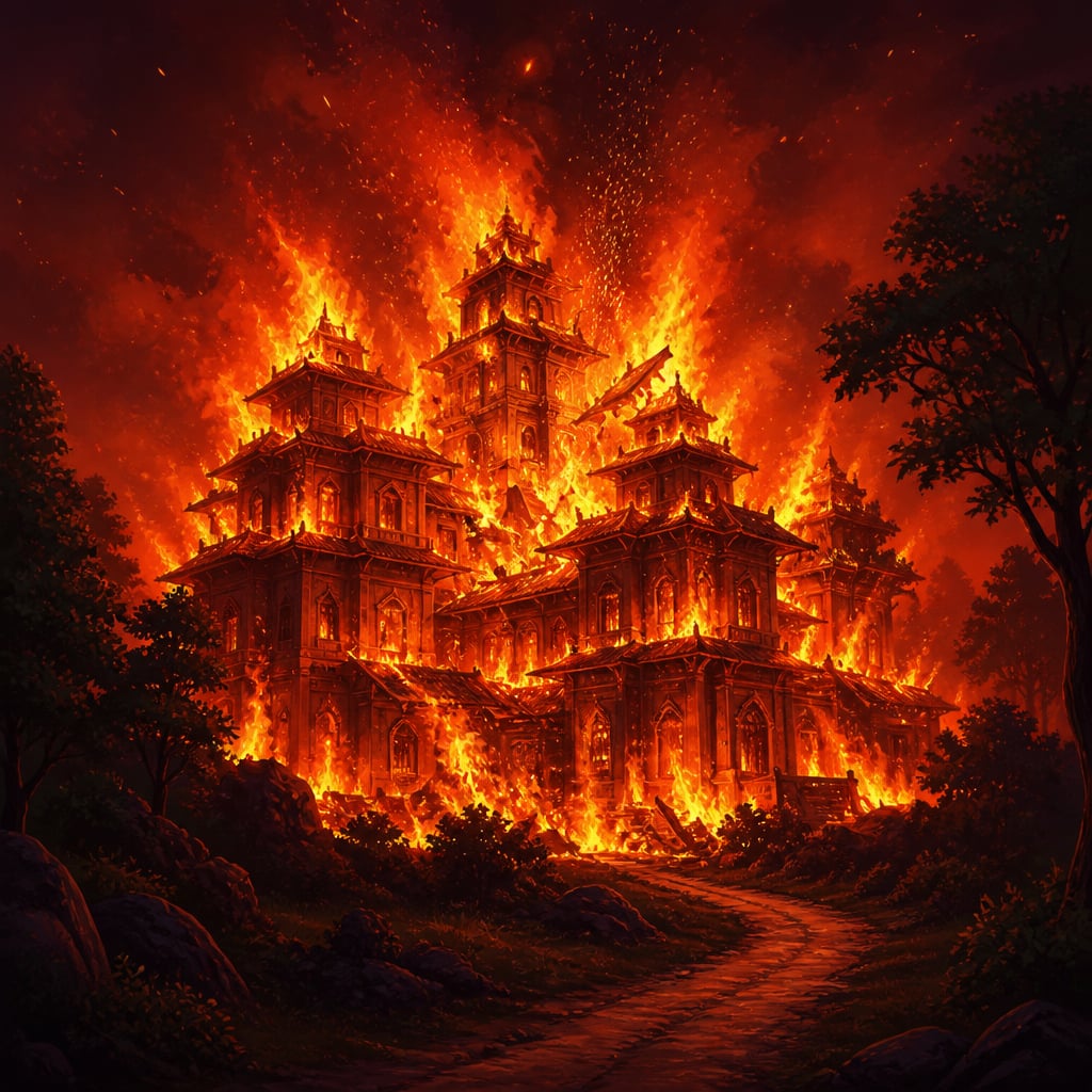 The grand House of Lac at Varanavata is consumed entirely in roaring orange flames at midnight.