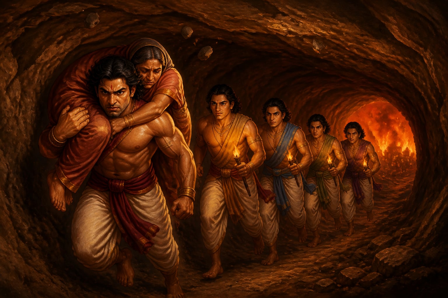 The Pandavas escaping through the tunnel