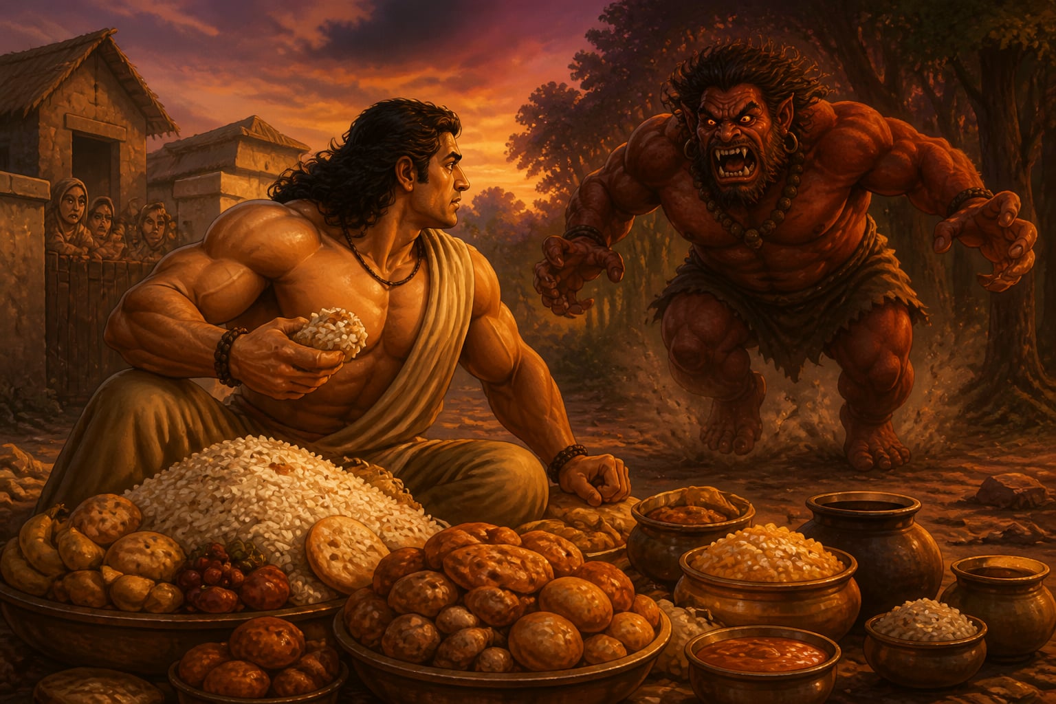 Bhima facing Bakasura at the tribute mound