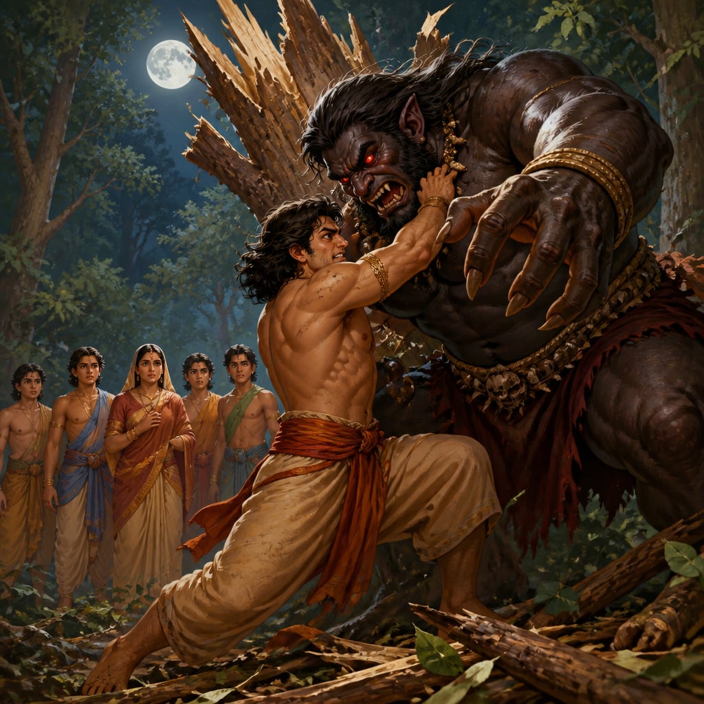 Young Bhima grapples fiercely with the towering rakshasa Hidimba in the deep moonlit forest.